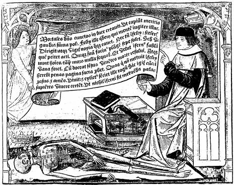 Illustration: Le mort est couché par terre sur un linceul, une couronne posée à côté de sa tête. L'acteur assis à côté de ses livres montre de la main une banderole portée par l'ange avec le texte suivant:
