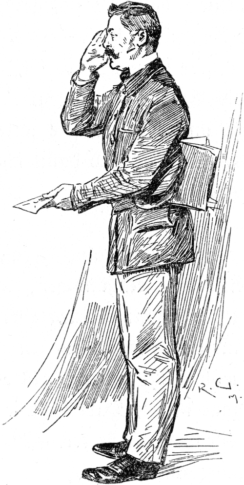 Der Dienstmann übergibt   einen Brief und salutiert dabei