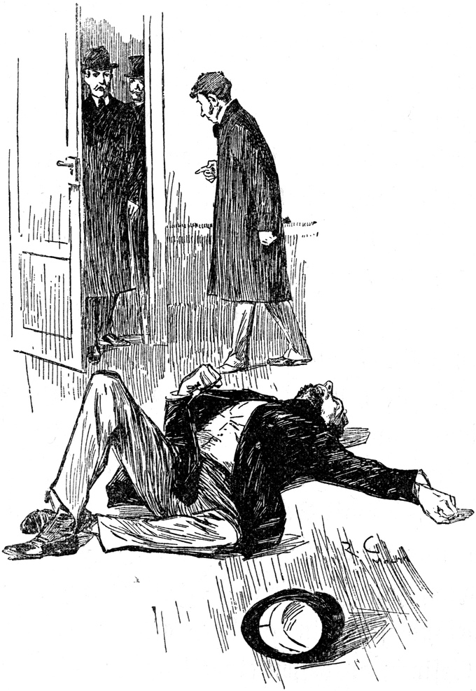 Ein Toter liegt auf dem   Boden, während Holmes und Watson zur Tür hereinkommen