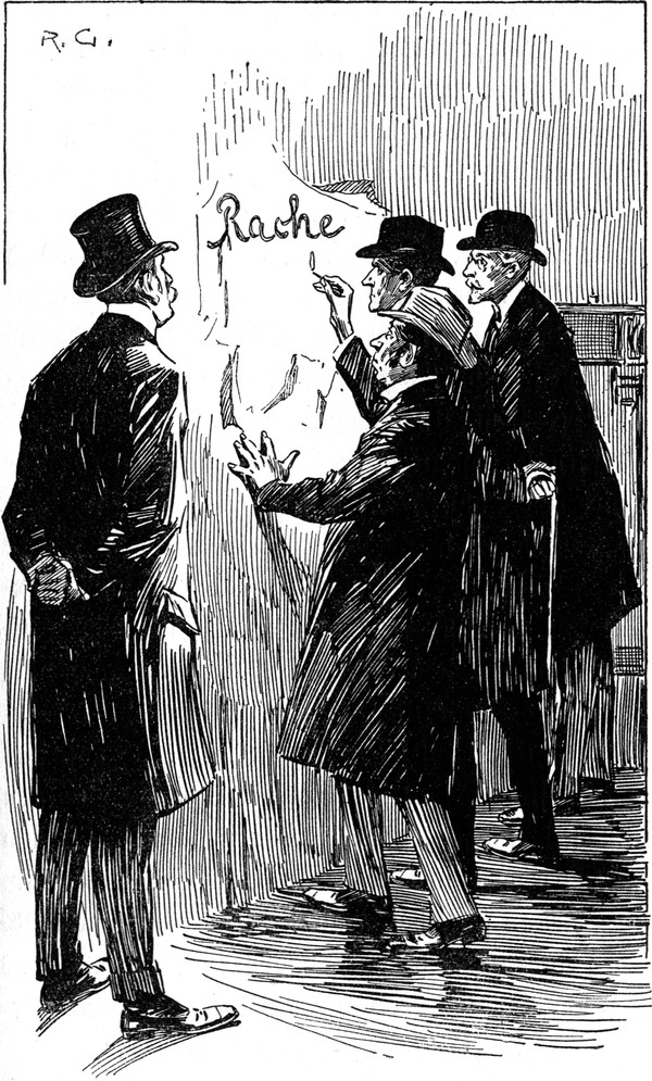 Holmes, Watson, Lestrade   und Gregson untersuchen den Schriftzug an der Wand