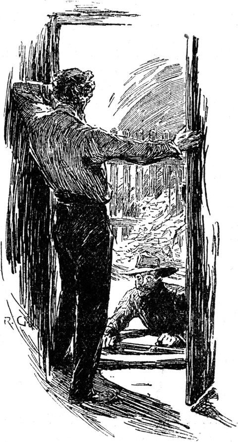 Vor der offenen Tür liegt   ein Mann auf dem Boden