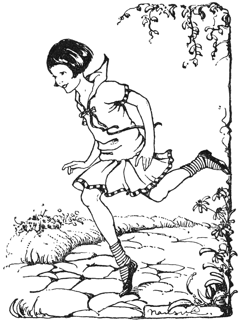 Ineens kwam er een meisje in een rood-katoenen jurk naar ’t hek hollen.