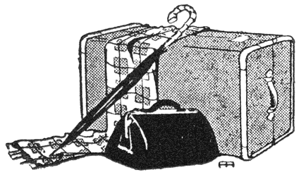 Koffer met paraplu en tas.