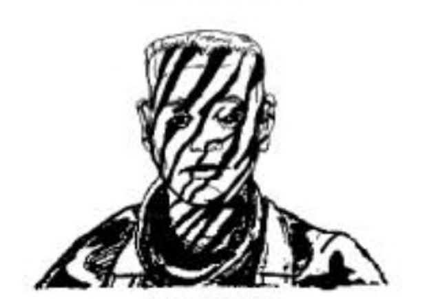 Sketch of a face with face paint in diagonal stripes.