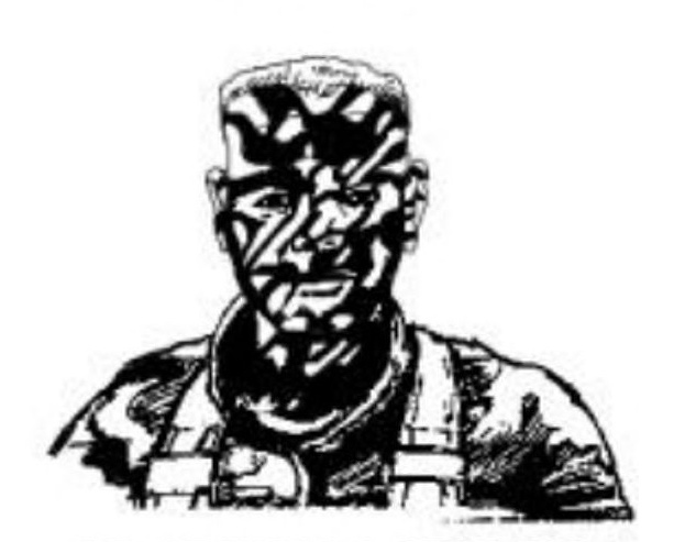 Sketch of a face with face paint using both splotching and striping techniques; the Figure 4-3 caption applies to all three of the above images.