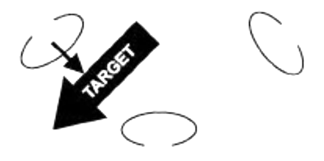 In the fourth sketch, the target's direction of travel has changed to head to the lower left. The assault team at the upper left fires at the target, indicated by a line arrow.