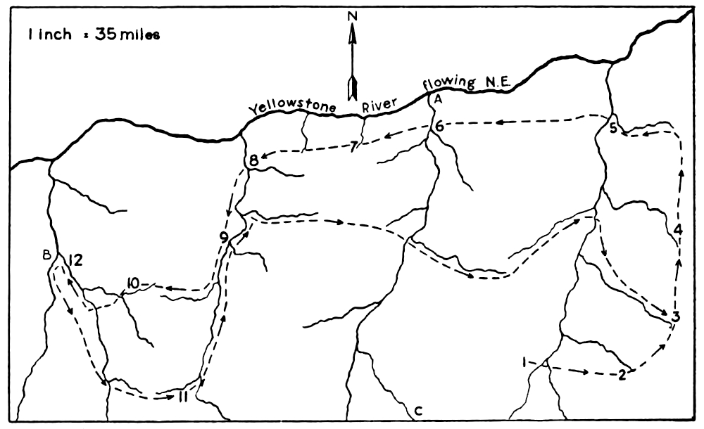 Map of Indian travel near the Yellowstone river in 1876