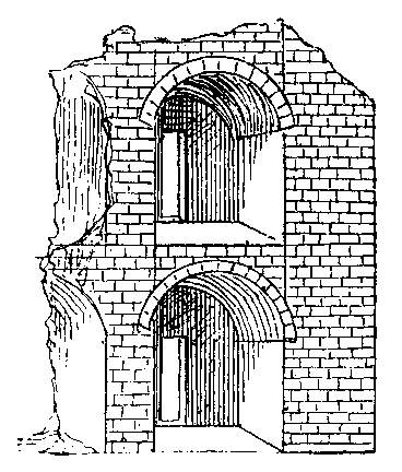 Fig 2.--Ancient house with vaulted floors, against the
northern wall of the great temple of Medinet Hab� 