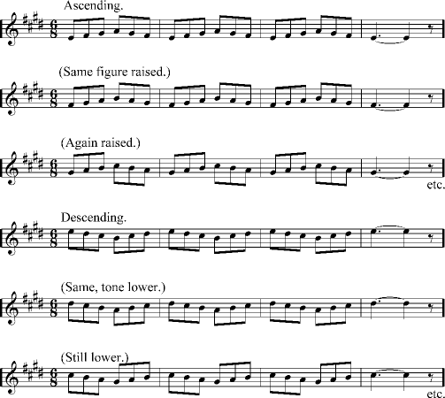 Vocal exercise in E: Ascending./ (Same figure raised.)/
(Again raised.) etc./ Descending./ (Same, tone lower.)/
(Still lower.) etc.