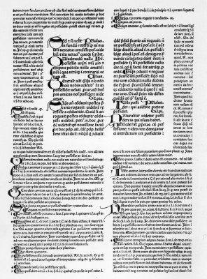 From the Digestum Novum of Justinian, printed at Venice
by Jenson in 1477. The type page of which this is a reduction measures
12-1/2 by 8-1/2 inches. The initials in the original have been filled in
by hand in red and blue.

From the copy in the Library of Brown University