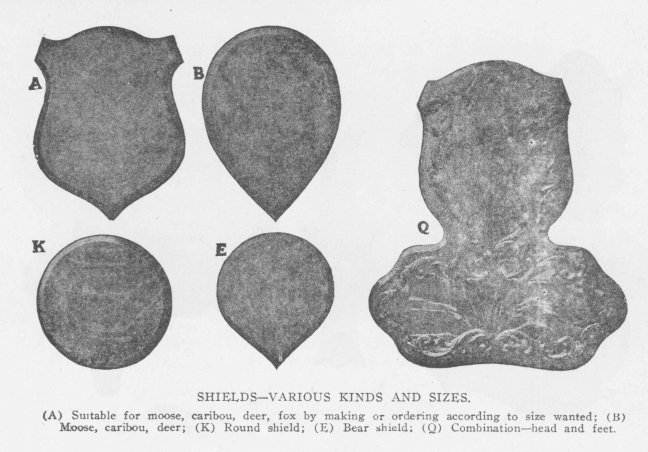 SHIELDS&mdash;VARIOUS KINDS AND SIZES. (A) Suitable for moose, caribou, deer, fox by making or ordering according to size wanted; (B) Moose, caribou, deer; (K) Round shield; (E) Bear shield; (Q) Combination&mdash;head and feet.