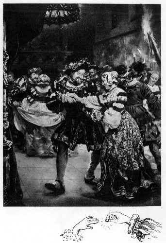 Henry VIII, during the festivities at Guines&mdash;"The Field
of the Cloth of Gold"&mdash;in courtly dance with one of the French Queen's
ladies-in-waiting