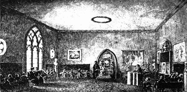 Picture of Bronson Alcott's famous Temple School,
Boston, Mass., where he taught his philosophy to young boys and girls.
It was the first school to be decorated and furnished with artistic
taste, and he believed it developed a sense of beauty and refinement.
1830-1834. The school was in the Masonic Temple.