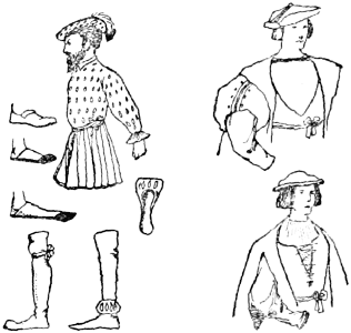 Three men of the time of Henry VIII. (torso only); three
types of shoe; two types of boot; a cod-piece