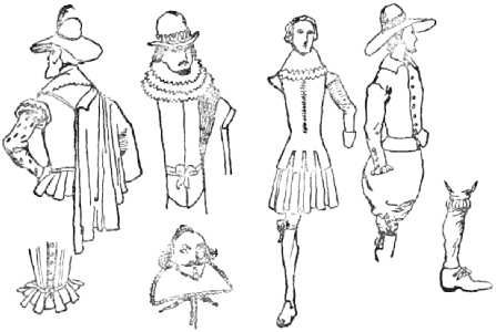 Four men of the time of James I.; the bottom of a doublet;
an alternative collar; shoe and stocking