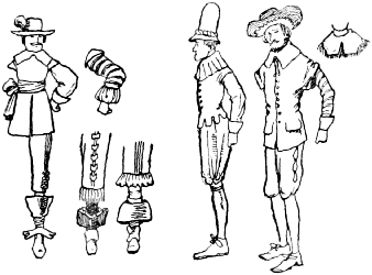 Three men of the time of the Cromwells; a type of sleeve;
two types of breeches and boot; a type of collar