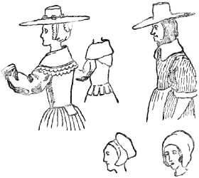 Two women of the time of the Cromwells; a type of jacket;
two types of head-dress for women