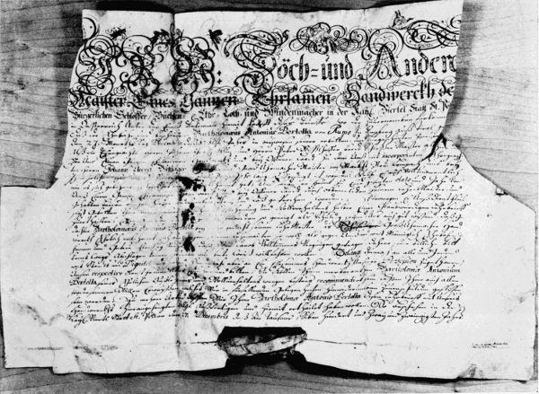 Figure 6.&mdash;Certificate of apprenticeship awarded to
Bartolomeo Antonio Bertolla upon completion of his 3-year apprenticeship
at Neulengbach, dated December 27, 1722.