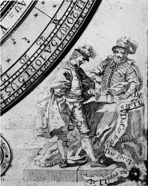 Figure 14.&mdash;The bottom right corner of the dial plate,
showing two noblemen contemplating an orb, with the inscription "Diligit
Avdaces Trepidos Fortvna Repellet." (Fortune favors the daring and
rejects the timid.)