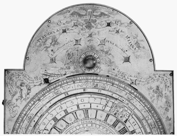 Figure 16.&mdash;Detail of frontispiece of the Borghesi clock,
showing the apertures for calendar indicators and the details of the
engraving.
