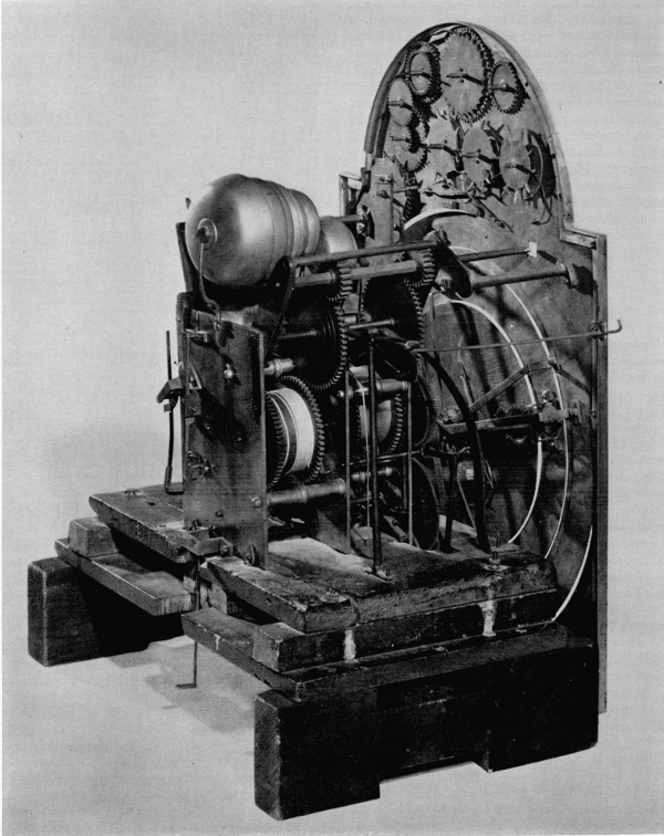 Figure 19.&mdash;Movement of the Borghesi clock, viewed from
the rear, showing rear of dial plate.