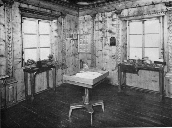Figure 25.&mdash;Interior of Bertolla's workshop, showing
details of paneling and floor case with Bertolla manuscripts. (Courtesy
of Museo Nazionale della Scienza e della Tecnica, Milan.)