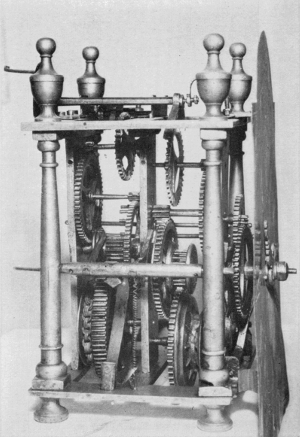Figure 27.&mdash;Movement of a brass lantern clock made by
Bertolla. (Courtesy of Museo Nazionale della Scienza e della Tecnica,
Milan.)