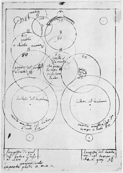 Figure 32.&mdash;Striking clock sketch found in Bertolla's
manuscripts. (Courtesy of Museo Nazionale della Scienza e della
Tecnica, Milan.)
