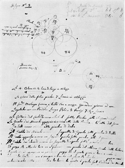 Figure 33.&mdash;Fifteen-day striking clock sketch, inscribed
"Design No. 3," found in Bertolla's workshop. (Courtesy of Museo
Nazionale della Scienza e della Tecnica, Milan.)