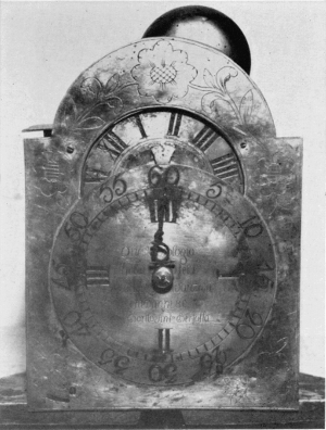 Figure 34.&mdash;Dial plate of a brass lantern clock made by
Bertolla at the age of 80. (Courtesy of Museo Nazionale della Scienza e
della Tecnica, Milan.)