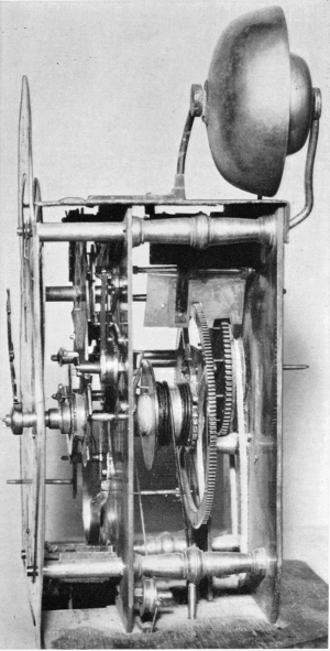 Figure 35.&mdash;Movement of brass lantern clock produced by
Bertolla at the age of 80, showing details of movement and double bell.
(Courtesy of Museo Nazionale della Scienza e della Tecnica, Milan.)