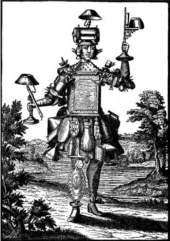 Fig. 27.&mdash;Le ferblantier marchand de lampes, fac-simil� d'une gravure du dix-septi�me
si�cle, publi�e par H. d'Allemagne dans son Histoire du luminaire.