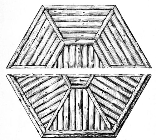 Fig. 45.&mdash;Half Plans of Top of Hexagonal Table.