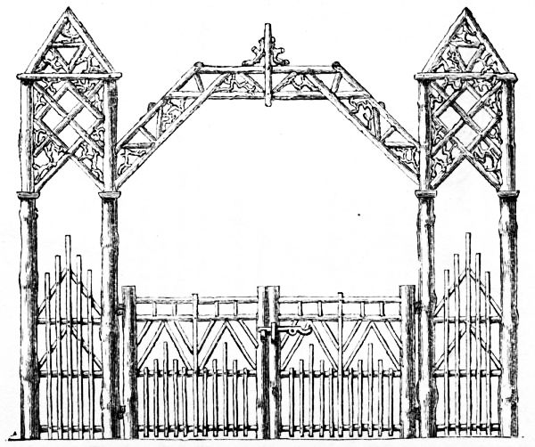 Fig. 89.&mdash;Elevation of Rustic Carriage Entrance.