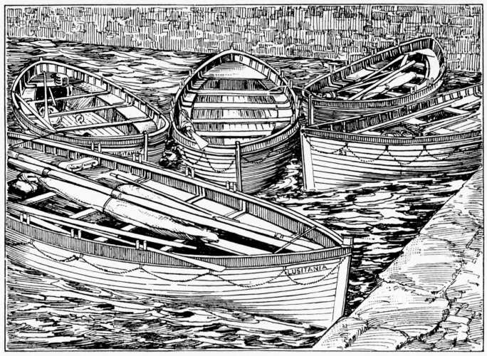 Image unavailable: THE LUSITANIA’S LIFE BOATS IN THE SLIP AT QUEENSTOWN
(From a pen-and-ink drawing after a photograph)