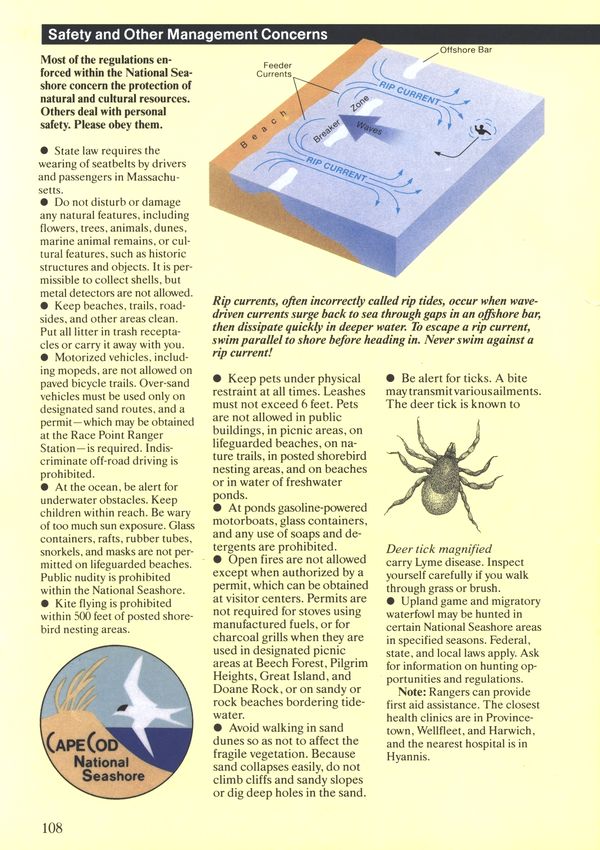 (Rip currents. Deer tick.
  Logo of Cape Cod National Seashore.)