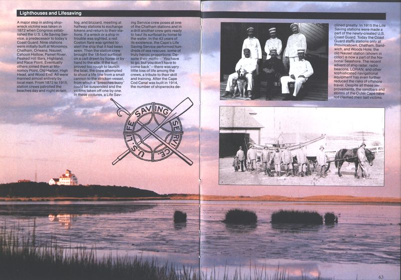 (Crew at the Chatham station.
  Hauling the boat by horse to the water.
  Logo of U.S. Life Saving Service. View of a station.)
