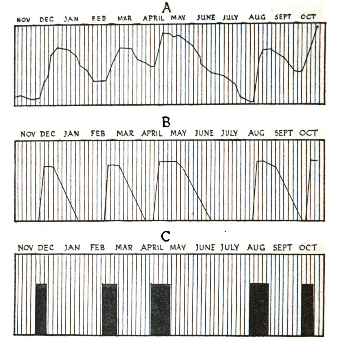 Three charts, labelled
    “A,” “B,” and “C,” each marked horizontally with the names of
    months. Charts A and B are line graphs, while Chart C marks off
    certain periods of time with solid blocks. Each chart shows five
    peaks occurring at the same points in time.