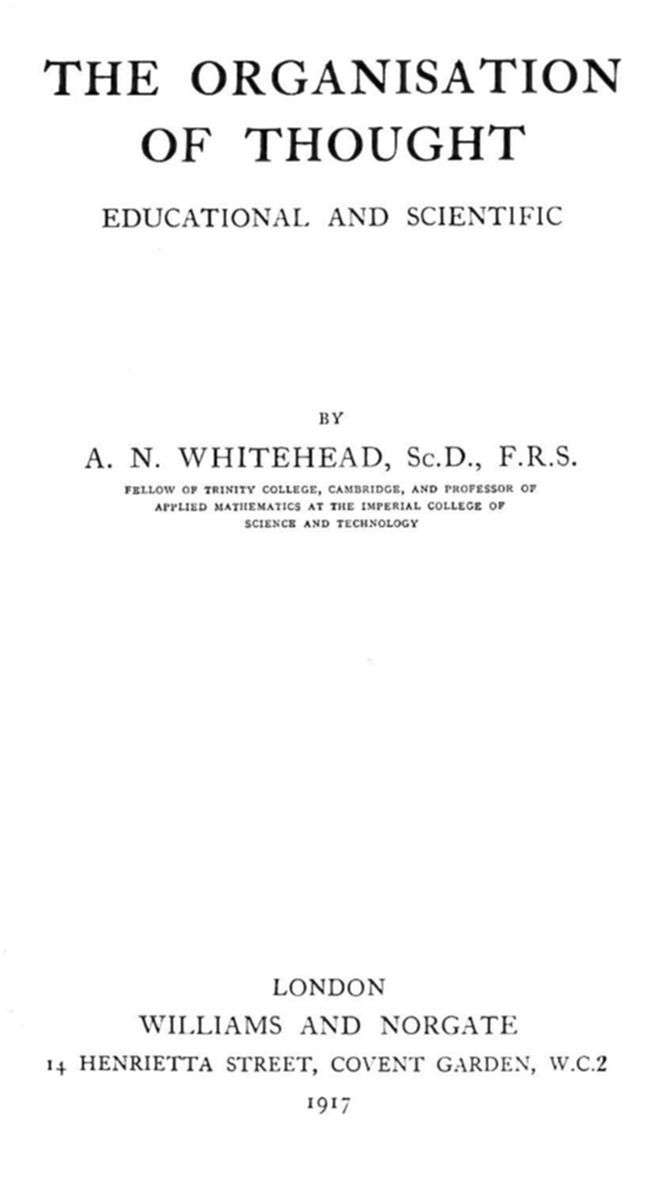 Title page
of the book The Organisation Of Thought by Alfred North Whitehead.